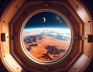 Fototapeta premium Spectacular view of Mars through futuristic space porthole window