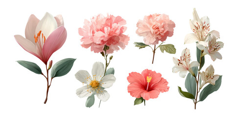 Collection of Beautiful Isolated Flowers with Soft Colors and Delicate Petals
