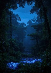 Enchanted forest clearing with glowing blue flora under starry night sky image