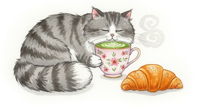A sleepy cat drinking matcha latte beside croissant with cozy breakfast mood in watercolor style illustration isolate on white background
