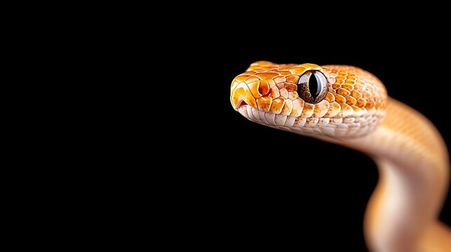 Close up of a light brown snake head with dark eyes on a black background
