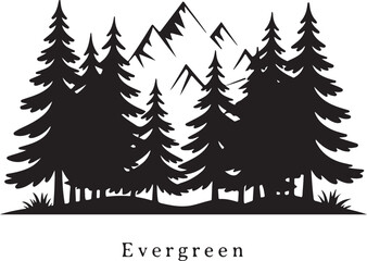 Fototapeta premium Silhouette Vector of Towering Pine Trees with Mountain Backdrop, Black on White
