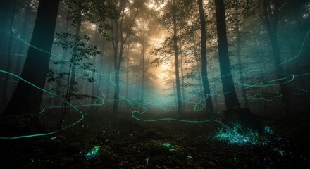 Obraz premium Enchanted forest with glowing trails and luminous mushrooms trees
