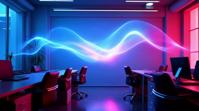 Modern office interior with vibrant lighting effects, showcasing a collaborative workspace environment