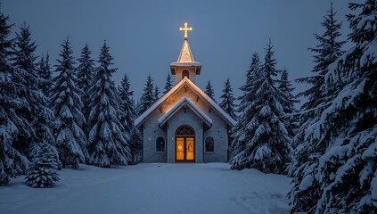 Snowy country church with glowing cross and pine trees, peaceful Christmas scene