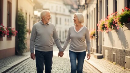 A senior man and woman walking down a cobblestone street holding hands, displaying a happy retirement lifestyle footage. - Powered by Adobe