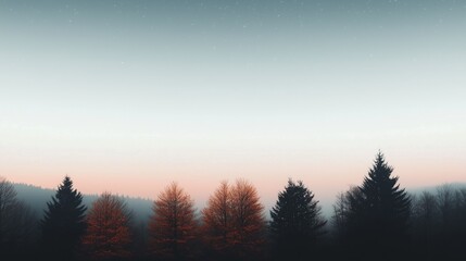 A silhouette of evergreen and deciduous trees against a serene, pastel twilight sky with stars.

