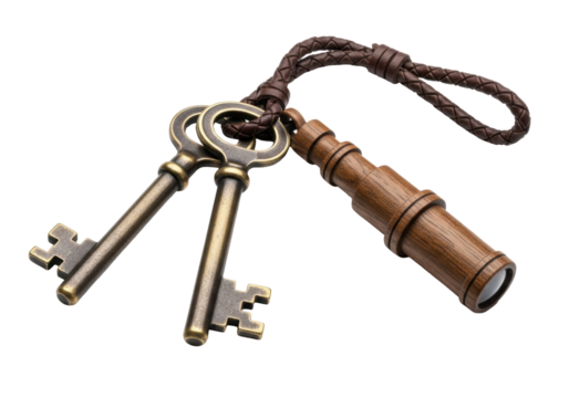 Two heavy, tarnished brass skeleton keys and a hand-carved dark oak miniature telescope pendant, linked by braided leather on transparent. Ancient mystery concept