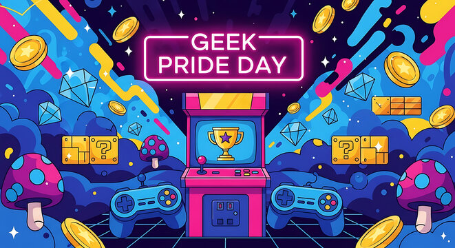 Vibrant geek pride day celebration with arcade games and controllers