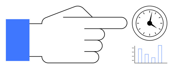 Minimalist hand pointing to clock and bar chart combining concepts of time, efficiency, and workflow. Ideal for productivity, planning, time management, business strategy, goal setting