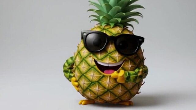 Eine Ananas mit breitem Grinsen, Comic-Gesicht, Sonnenbrille und Armen, die cool verschr&auml;nkt sind &ndash; dargestellt auf wei&szlig;em Hintergrund.