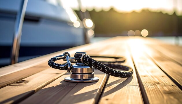 Wooden dock with mooring rope and boat