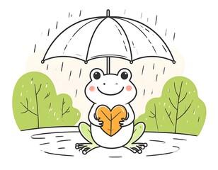Cute frog under umbrella in rain