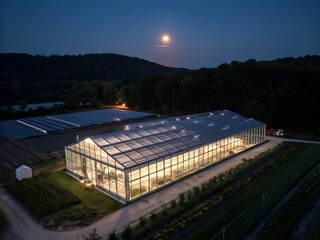Obraz premium Night View of Solar-Powered Greenhouse with LED Grow Lights and Sustainable Farming