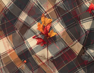 Plaid fabric with autumnal decorations