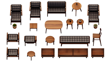 Grid layout featuring brown and black cushioned seats interior design furniture illustration on white background