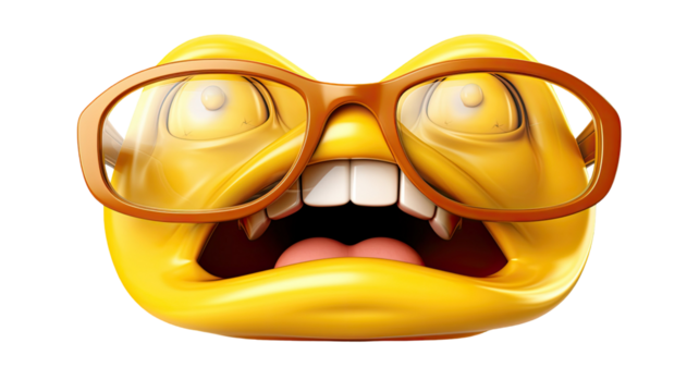 Glossy yellow emoji wearing amber sunglasses with smiling mouth expression on white background
