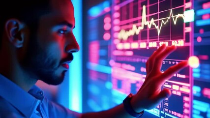 Man interacting with a digital interface displaying data analytics in a futuristic workspace - Powered by Adobe