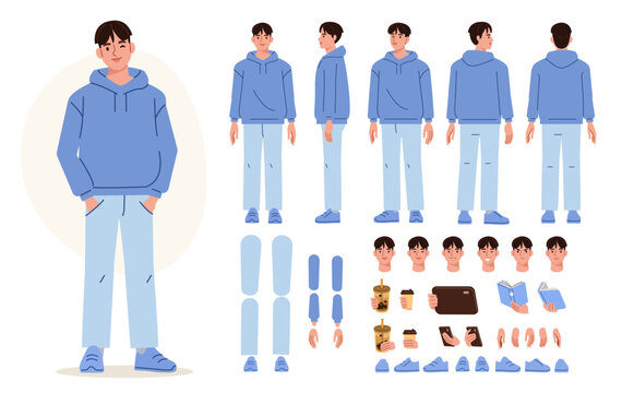 Teenage boy, student wearing korean style hoodie. Character constructor for animation. Front, side and back view set. Body parts, postures, poses collection. Vector illustration.
