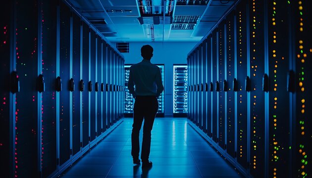 A lone technician surveys rows of humming servers in a brightly lit data center.