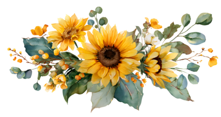 Sunflower clip art. Watercolor floral illustration. rame and bouquet. Yellow fowers for rustic wedding dsign, thanksgiving decoraton, greeting cards. Elemens isolated on transparent ackground