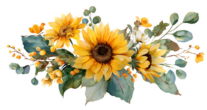 Sunflower clip art. Watercolor floral illustration. rame and bouquet. Yellow fowers for rustic wedding dsign, thanksgiving decoraton, greeting cards. Elemens isolated on transparent ackground