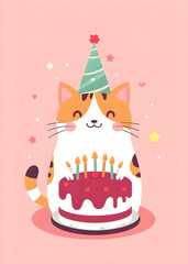 Cute Cat with birthday cake pink background