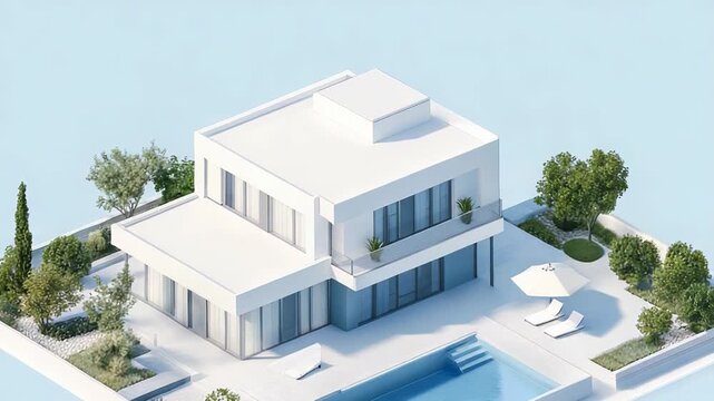 Modern white villa with swimming pool and garden on blue background