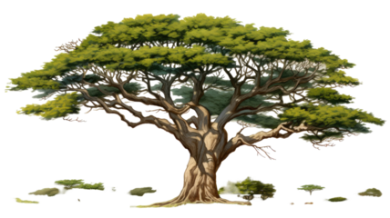 Detailed illustration of a single acacia tree with broad canopy African landscape design on white background