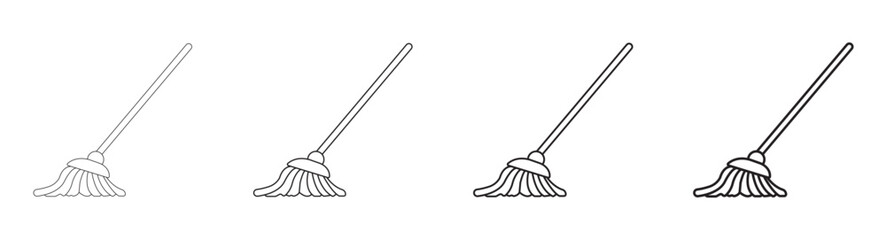 Vector illustration of mop icons with multiple line styles. Editable outline cleaning equipment symbols for sanitation, hygiene, and service projects