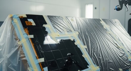 Fototapeta premium Protective plastic coverings and masking tape used around heatshield panels in a spray booth to ensure precise ablative material application.