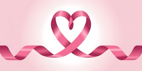 Pink ribbon forms a heart shape on a soft pink background symbolizing breast cancer awareness month support