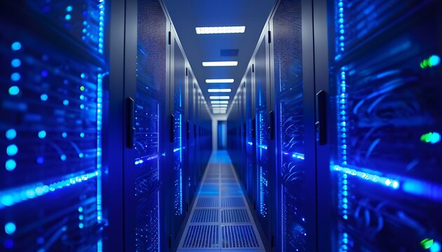 Rows of illuminated server racks line a long data center corridor.