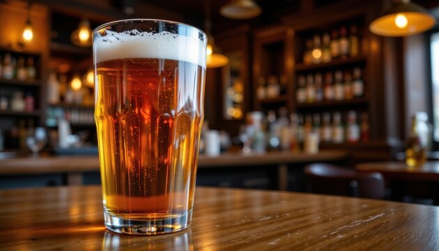 Amber ale with frothy head in a pint glass on a wooden bar table with blurred shelves of bottles