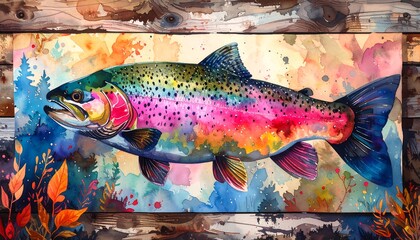 Vibrant rainbow trout in watercolor, framed by autumnal foliage and wood
