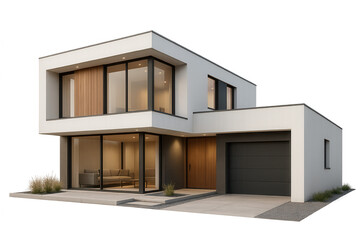 Modern house exterior with garage and transparent background