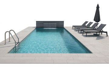 Fototapeta premium Inviting swimming pool with transparent background, waterfall and deck chairs