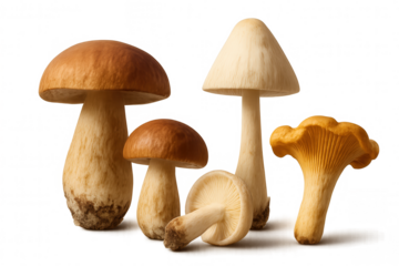 Five mushrooms of different types standing on transparent background