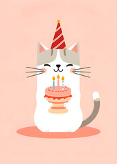 Cute Cat carrying birthday cake pink background 