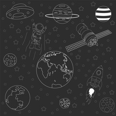 vector space sketch with planets, astronauts and satellites
