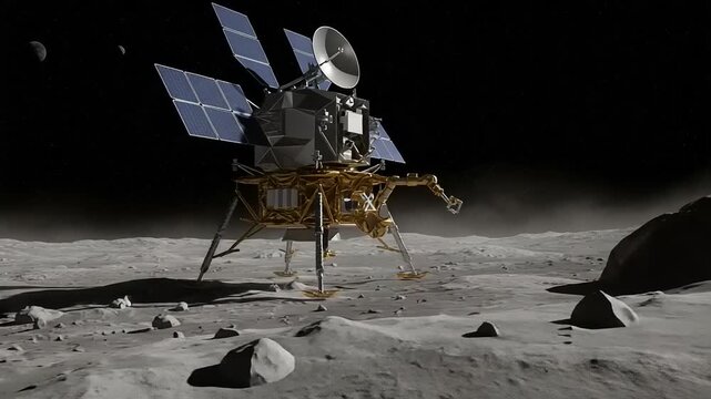 Lunar lander exploring the Moon's surface at dusk