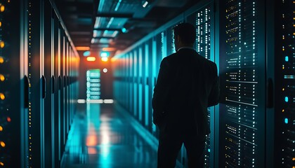 Businessman in a server room, examining computer equipment.