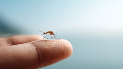 Obraz premium Mosquito standing on a person's fingertip, preparing to bite the skin and suck blood, against a blurred light blue background, representing danger of disease transmission