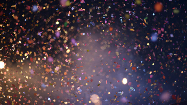 Thousands of confetti fired on air during a festivalat night. Image ideal for ackgrounds and overlays.