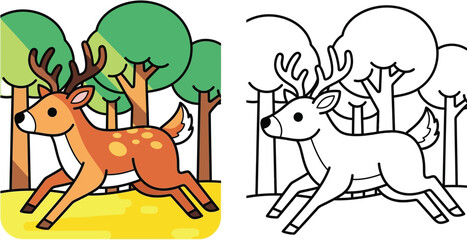 Obraz premium Dynamic Running Deer in the Forest - Playful Fawn Coloring Page and Colored Cartoon Illustration for Kids