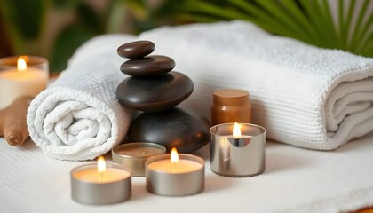 Serene spa ambiance with stacked hot stones rolled towels and flickering candles