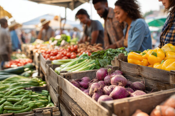diverse group of people shopping at an outdoor farmers market, fresh produce neatly displayed in wooden crates