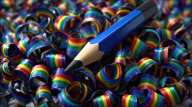 Colorful Rainbow Pencil Shavings with Sharp Blue Pencil on Colorful Background of Artistic Pencil Shavings - Powered by Adobe