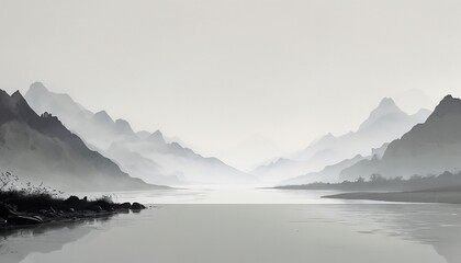 Tranquil Lake Surrounded By Misty Forested Mountains