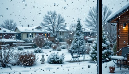 Snow covered backyard and houses viewed through a window with raindrops